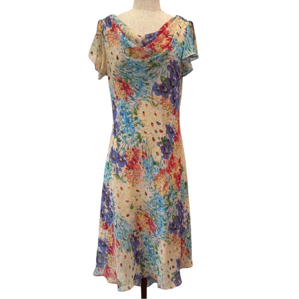 Vintage Y2K cowl neck floral Fairycore flutter sleeve midi dress 2000s rom com